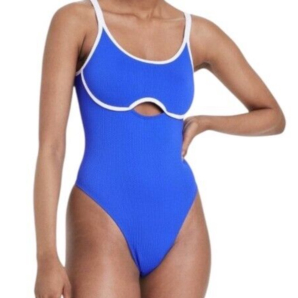 Colsie Women Bodysuit Contrast Trim Keyhole High Stretch Blue M